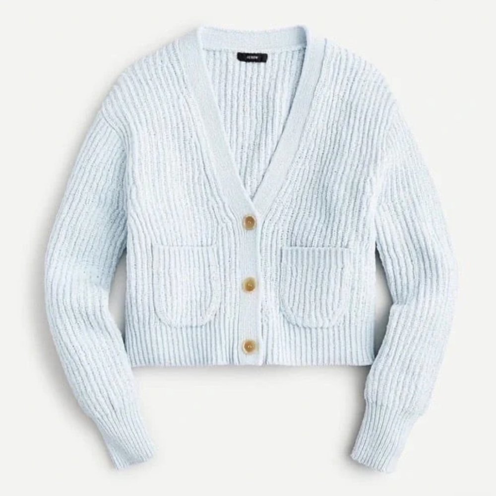 NWOT J. Crew Cropped Patch Pocket Beach Cardigan Sweater Sheer Blue Size Small